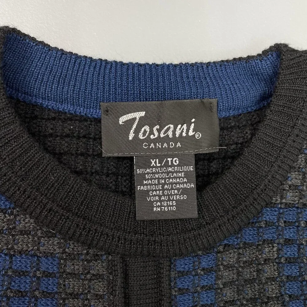 Vintage Tosani Crew Neck Sweater Chunky Waffle Knit Geometric Wool Black Mens XL